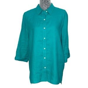 Lafayette 148 New York women's Size 10 teal green‎ linen button up shirt.